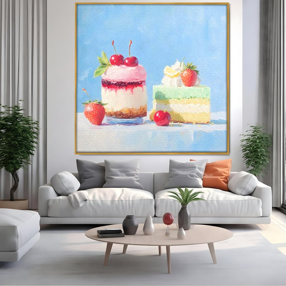 Tablou canvas cu pictura cu prajituri si fructe, in rama de aluminiu auriu, pe perete intr-un living